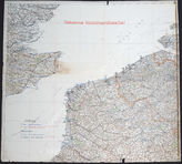 Akte 808. Karte und Kartenpause der Stellungen von Fernkampfartilleriebatterien der Wehrmacht an der Atlantik- und Kanalküste sowie deren Reichweiten – Stand 1941.