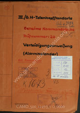 Akte 112. Unterlagen der Ia-Abteilung des III. Bataillons der 6. SS-Totenkopfstandarte: Verteidigungsanweisung (Alarmkalender) des im Raum Stavern (Norwegen) liegenden III. Bataillons der 6. SS-Totenkopfstandarte mit beigefügten Kartenskizzen. 